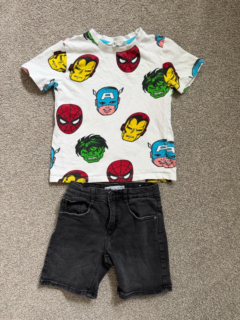 H&M Marvel Kids White Superhero Faces T‑Shirt and H&M Faded Black Jean Shorts